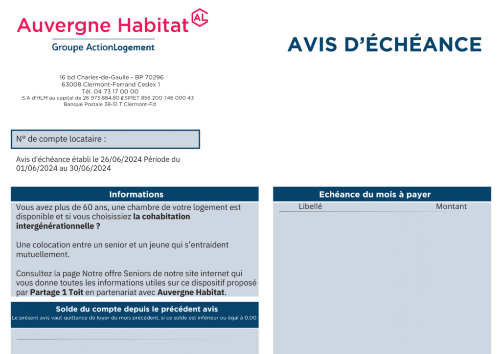 Avis d'echéance auvergne habitat